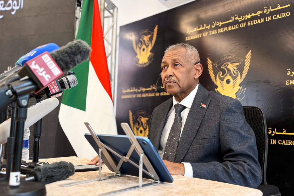 Imadeldin Mustafa Adawi, Sudan's ambassador to Egypt, speaks during a news conference at his residence in Cairo, Egypt, Sunday, Nov. 2, 2025. (AP Photo/Ahmed Hatem)