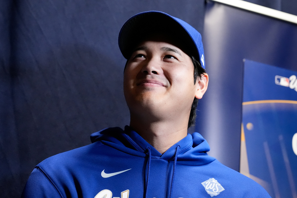 Los Angeles Dodgers' Shohei Ohtani speaks during a World Series baseball media day, Thursday, Oct. 23, 2025, in Toronto. The Toronto Blue Jays face the Los Angeles Dodgers in Game 1 on Friday. (AP Photo/Brynn Anderson)