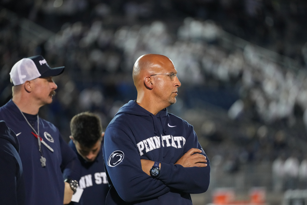 Penn State's head coach James Franklin reacts following an NCAA college football game against Northwestern, Saturday, Oct. 11, 2025, in State College, Pa. (AP Photo/Sam Balkansky)