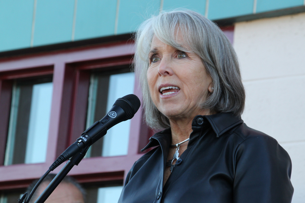 FILE - New Mexico Gov. Michelle Lujan Grisham discusses efforts by the state to temporarily backfill food assistance benefits during a news conference outside a grocery store in Albuquerque, New Mexico, Oct. 29, 2025. (AP Photo/Susan Montoya Bryan, File)
