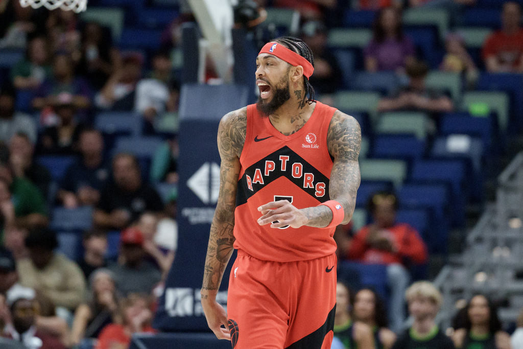 Toronto Raptors forward Brandon Ingram (3) reacts during the first half of an NBA basketball game against the New Orleans Pelicans in New Orleans, Wednesday, March 11, 2026. (AP Photo/Matthew Hinton)
