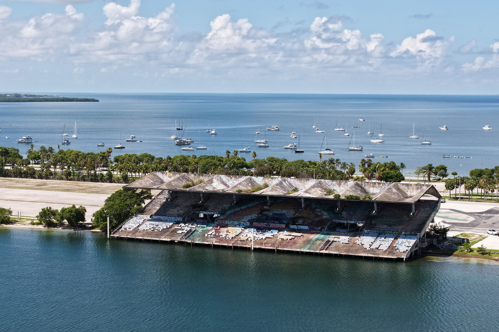 The Miami Marine Stadium is seen from an aerial view Tuesday Aug. 11, 2026, in Miami. (AP Photo/Daniel Kozin)