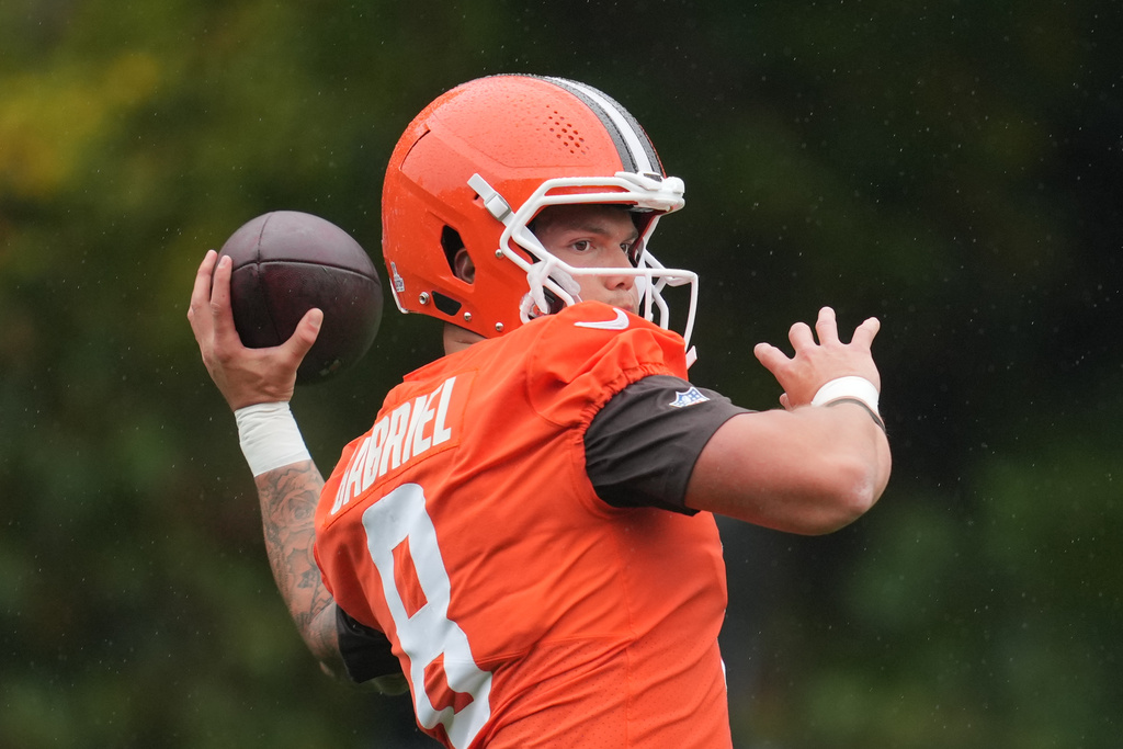 Cleveland Browns quarterback Dillon Gabriel (8) attends an NFL football practice at The Grove in Watford, England, Friday, Oct. 3, 2025. (AP Photo/Kin Cheung)