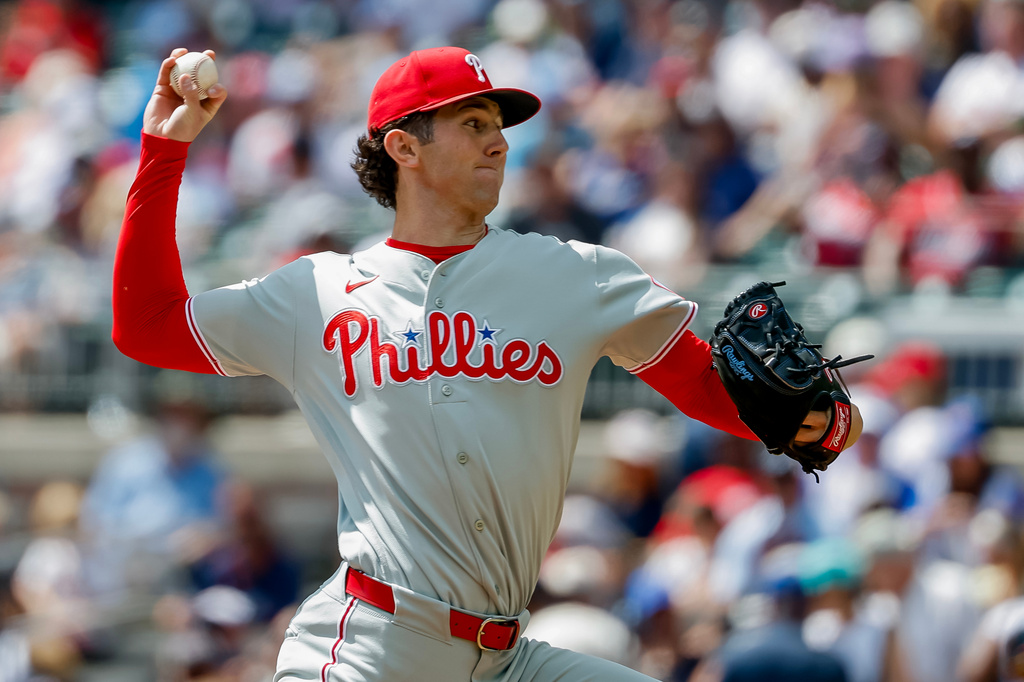 Philadelphia Phillies pitcher Andrew Painter delivers to an Atlanta Braves batter during the first inning of a baseball game, Sunday, Sept. 13, 2026, in Atlanta. (AP Photo/Erik S. Lesser)