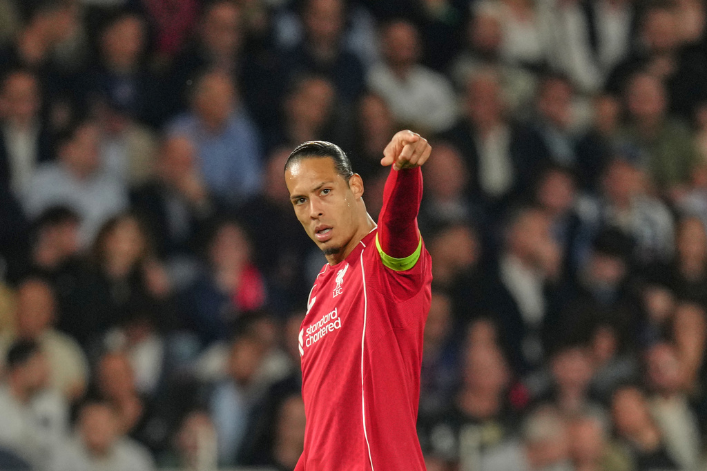 Liverpool's Virgil van Dijk gestures during the Champions League quarterfinal first leg soccer match between Paris Saint-Germain and Liverpool in Paris, Wednesday, April 8, 2026. (AP Photo/Aurelien Morissard)