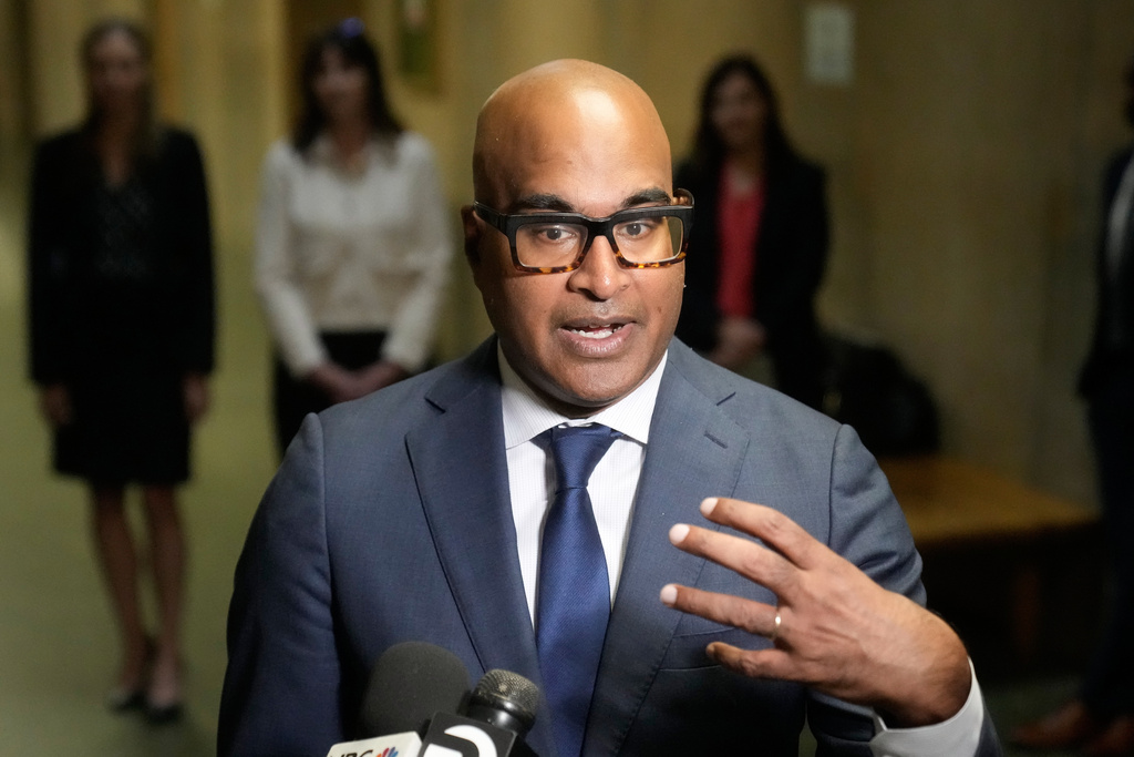 San Francisco Public Defender Mano Raju speaks outside of a courtroom in San Francisco, Tuesday, March 24, 2026. (AP Photo/Jeff Chiu)