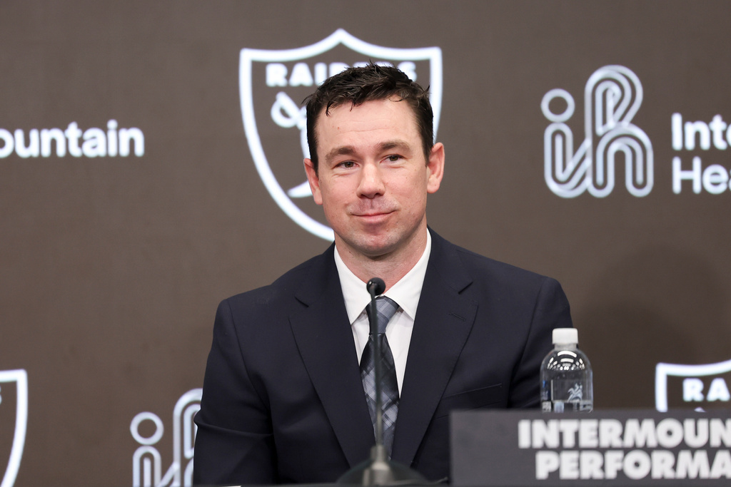 Las Vegas Raiders new head coach Klint Kubiak speaks during an introductory news conference at the NFL football team's training facility Tuesday, Feb. 10, 2026, in Henderson, Nev. (AP Photo/Ian Maule)
