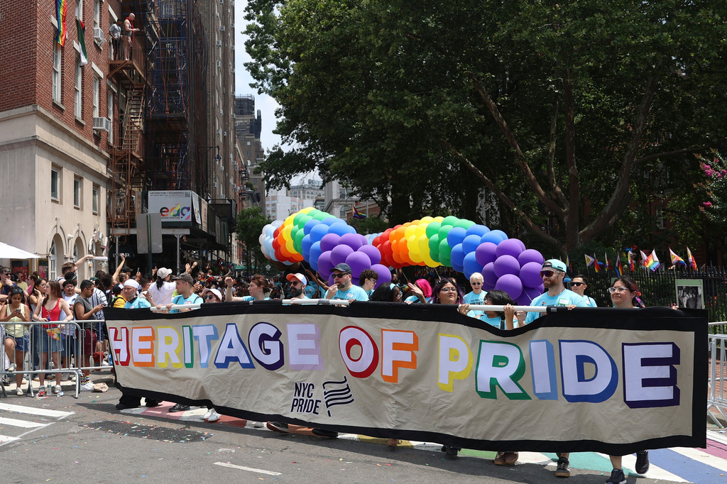 Parade-goers attend the NYC Pride March near the Stonewall Inn, Sunday, June 28, 2026 in New York. (AP Photo/Pamela Smith)