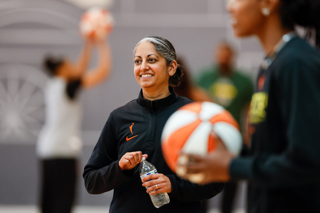 Seattle Storm head coach Sonia Raman watches during WNBA basketball practice, Sunday, April 19, 2026, in Seattle. (Jennifer Buchanan/The Seattle Times via AP)