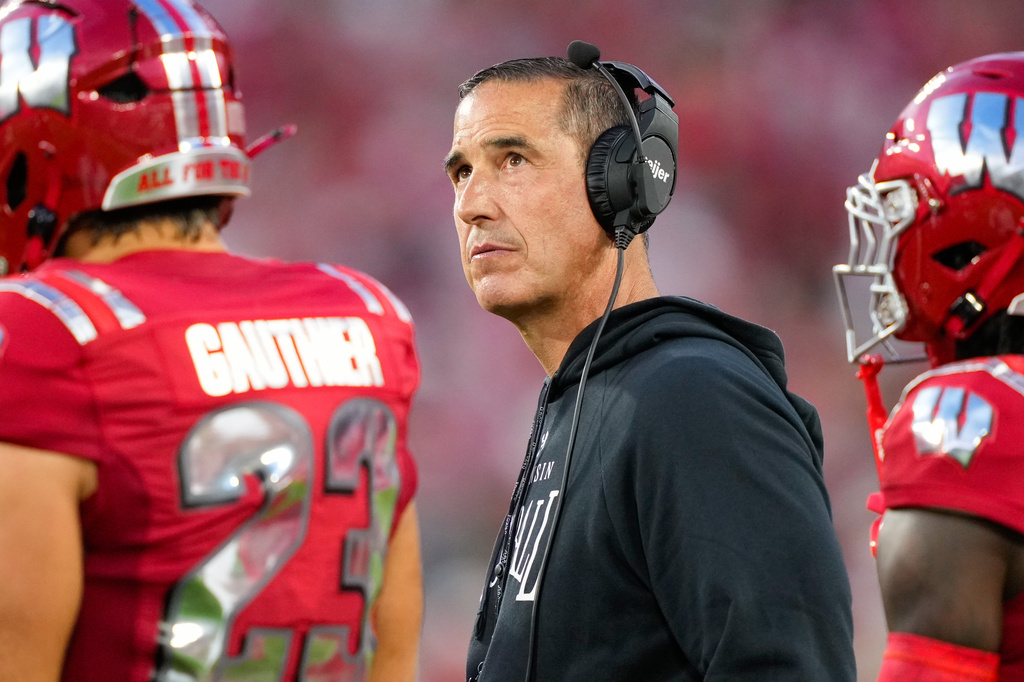 Wisconsin head coach Luke Fickell looks on during the first half of an NCAA college football game against Notre Dame Sunday, Sept. 6, 2026, in Green Bay, Wis. (AP Photo/Kayla Wolf)