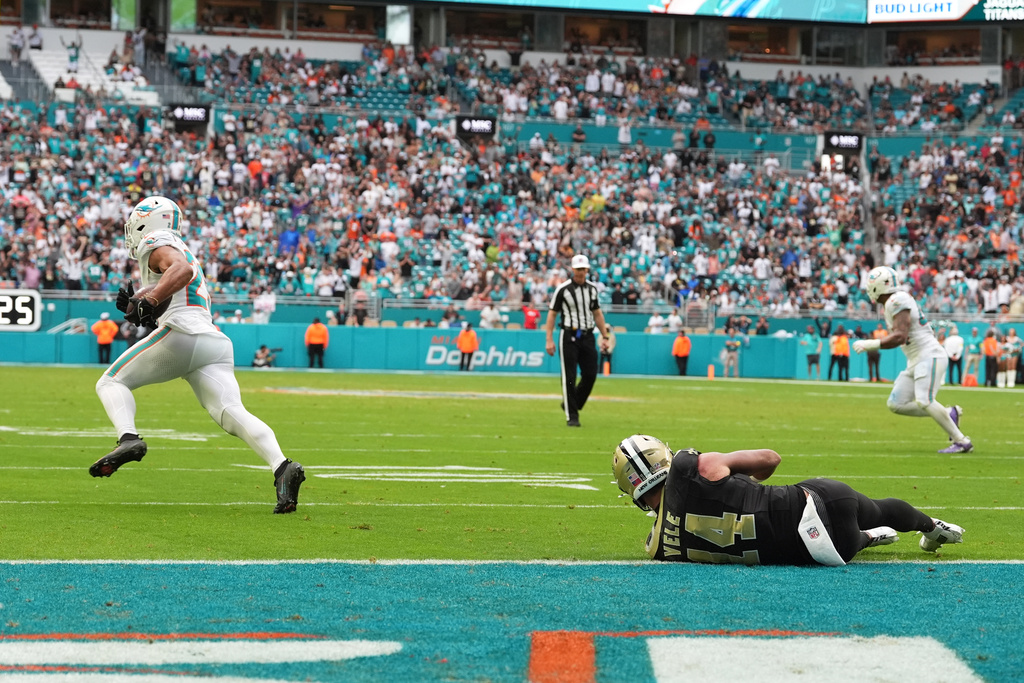 Miami Dolphins safety Minkah Fitzpatrick (29) intercepts a pass and runs for a defensive two-point conversion during the second half of an NFL football game against the New Orleans Saints Sunday, Nov. 30, 2025, in Miami Gardens, Fla. (AP Photo/Rebecca Blackwell)