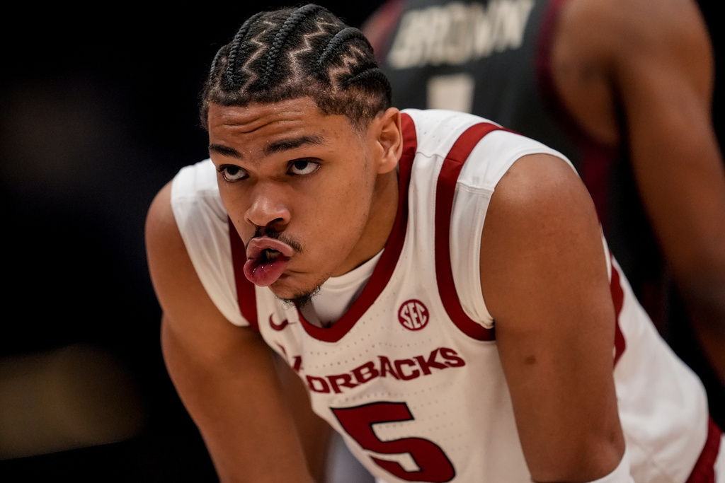 Arkansas guard Darius Acuff Jr. (5) waits for the ball at the foul line during the second half of an NCAA college basketball game in the quarterfinal round of the Southeastern Conference tournament against Oklahoma, Friday, March 13, 2026, in Nashville, Tenn. (AP Photo/George Walker IV)