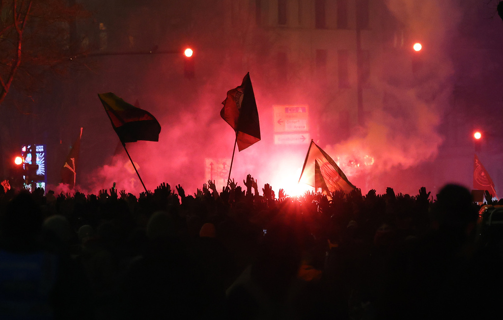 St. Pauli fans ahead of the Bundesliga soccer match between St. Pauli and Hamburger in Hamburg, Germany, Friday Jan. 23, 2026. (Christian Charisius/dpa via AP)
