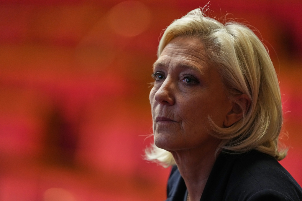 French far-right leader Marine Le Pen attends debates before a no-confidence vote, Thursday, Oct. 16, 2025 at the National Assembly in Paris. (AP Photo/Thibault Camus)