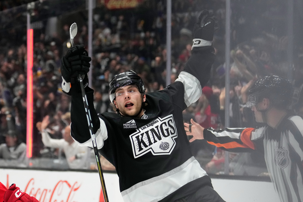 Los Angeles Kings right wing Alex Laferriere celebrates his goal during the second period of an NHL hockey game against the Detroit Red Wings, Thursday, Oct. 30, 2025, in Los Angeles. (AP Photo/Mark J. Terrill)