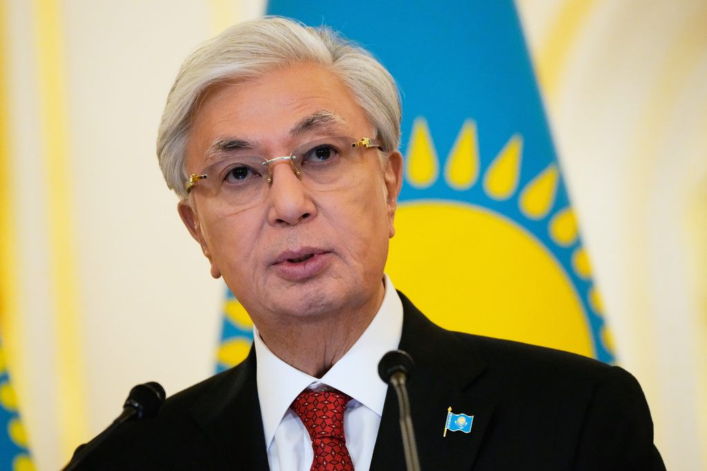 FILE - Kazakhstan's President Kassym-Jomart Tokayev addresses the plenary session of the Russia–Kazakhstan Interregional Cooperation Forum in Uralsk, Kazakhstan, via videoconference during a meeting with Russia's President Vladimir Putin at the Grand Kremlin Palace in Moscow, on Nov. 12, 2025. (AP Photo/Alexander Zemlianichenko, File)