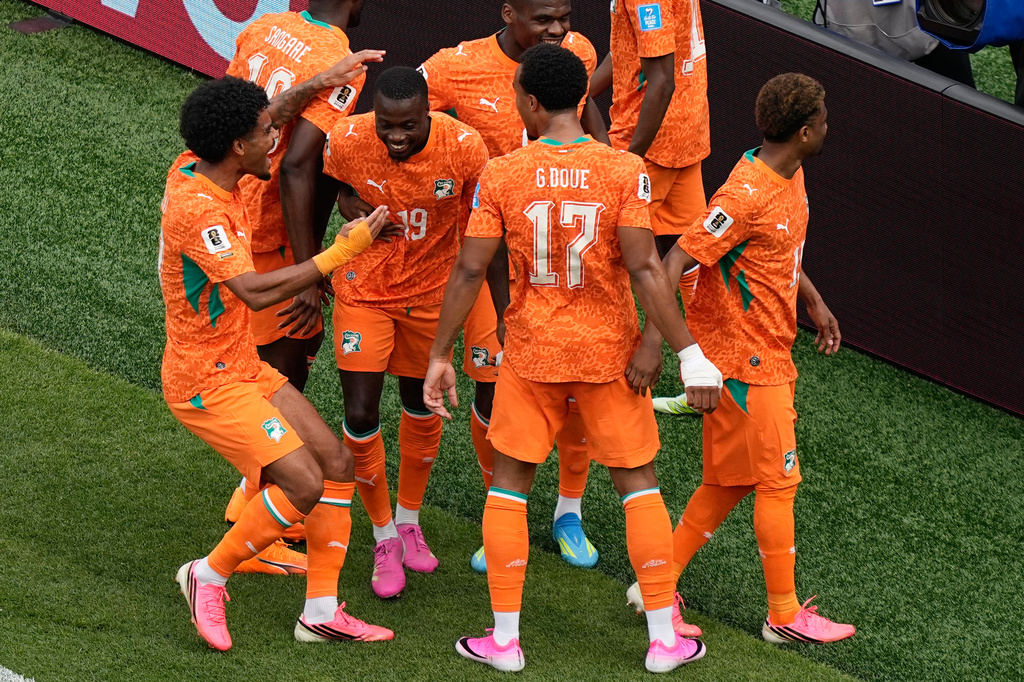 Ivory Coast's Nicolas Pepe (19) celebrates after scoring the opening goal during the World Cup Group E soccer match between Curacao and Ivory Coast in Philadelphia, Thursday, June 25, 2026. (AP Photo/Matt Slocum)