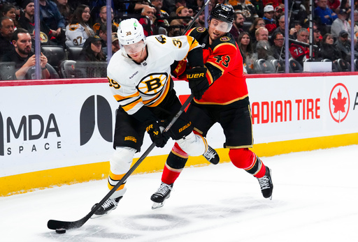 Ottawa Senators Tyler Kleven (43) tries to push Boston Bruins Morgan Geekie (39) off the puck during the first period of an NHL hockey game in Ottawa on Monday, Oct. 27, 2025. (Sean Kilpatrick/The Canadian Press via AP) Ottawa Senators Tyler Kleven (43) tries to push Boston Bruins Morgan Geekie (39) off the puck during the first period of an NHL hockey game in Ottawa on Monday, Oct. 27, 2025. (Sean Kilpatrick/The Canadian Press via AP)