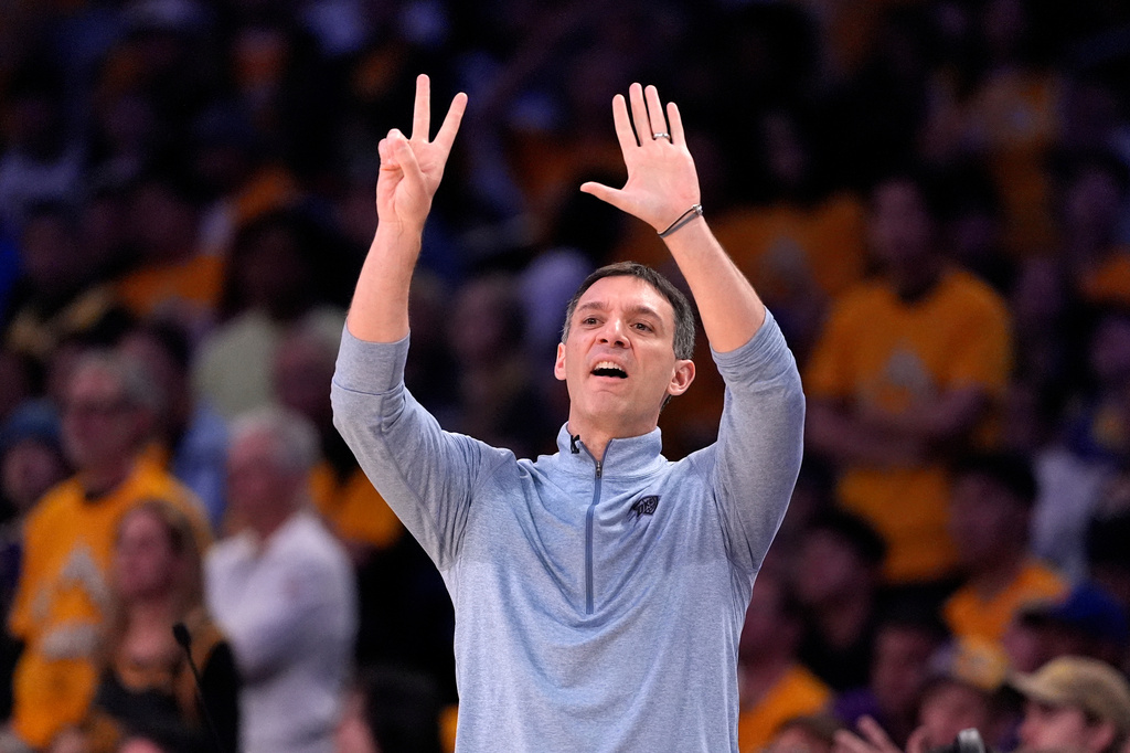 Oklahoma City Thunder head coach Mark Daigneault gestures during the second half of Game 4 in a second-round NBA basketball playoffs series against the Los Angeles Lakers, Monday, May 11, 2026, in Los Angeles. (AP Photo/Mark J. Terrill)