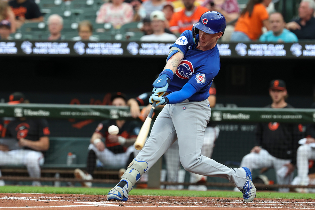Chicago Cubs' Pete Crow-Armstrong hits a home run off Baltimore Orioles pitcher Dean Kremer during the third inning of a baseball game, Wednesday, July 8, 2026, in Baltimore. (AP Photo/Terrance Williams)