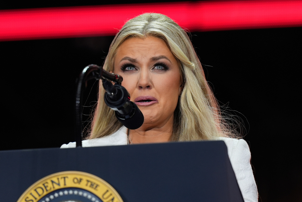 FILE - Erika Kirk speaks at a memorial for her husband Charlie Kirk, Sept. 21, 2025, at State Farm Stadium in Glendale, Ariz. (AP Photo/Julia Demaree Nikhinson, file)