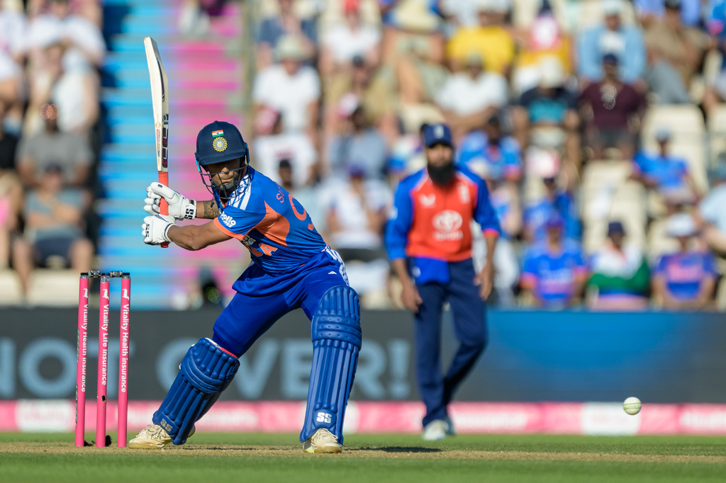 Suryansh Shedge of India during the international T20 Cricket match between England and India in Southampton, England, Saturday, July 11, 2026. (AP Photo/Anthony Upton)