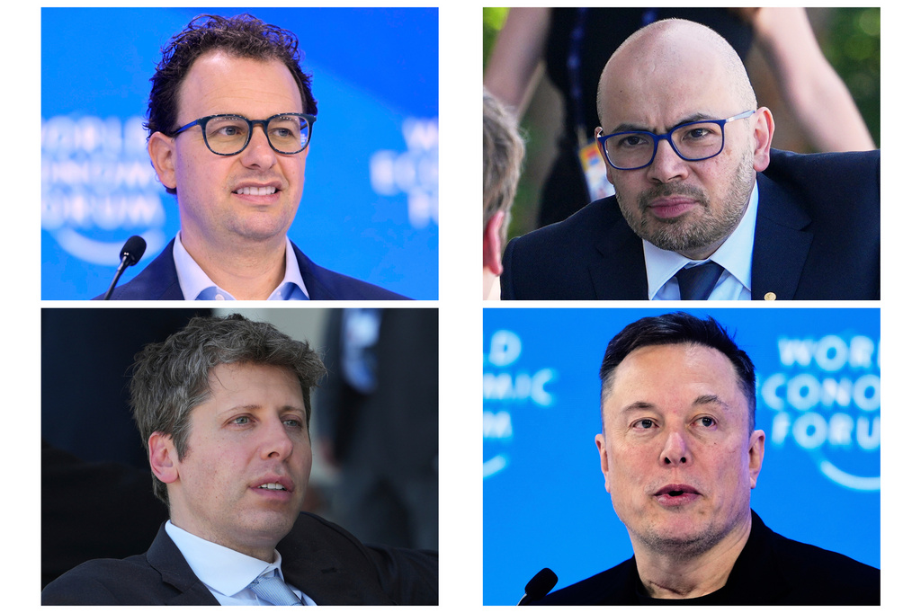 This combination of photos shows CEO & Co-Founder of Anthropic Dario Amodei, top left, on Jan. 23, 2025, co-founder of Google DeepMind Demis Hassabis, top right, and CEO of OpenAI Sam Altman, bottom left, on June 17, 2026, and CEO of SpaceXAI Elon Musk, bottom right, on Jan. 22, 2026. (AP Photo/Markus Schreiber, Julia Demaree Nikhinson)