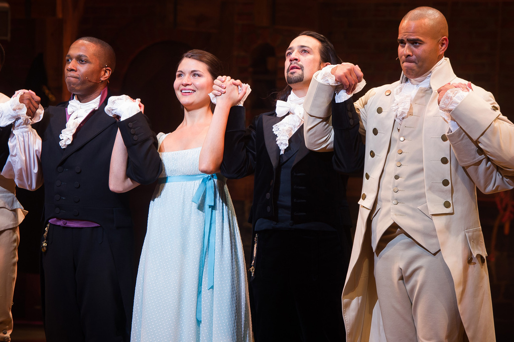 FILE - Leslie Odom Jr., from left, Phillipa Soo, Lin-Manuel Miranda and Christopher Jackson appear during the opening night performance of "Hamilton" in New York on Aug. 6, 2015. (Photo by Charles Sykes/Invision/AP, File)