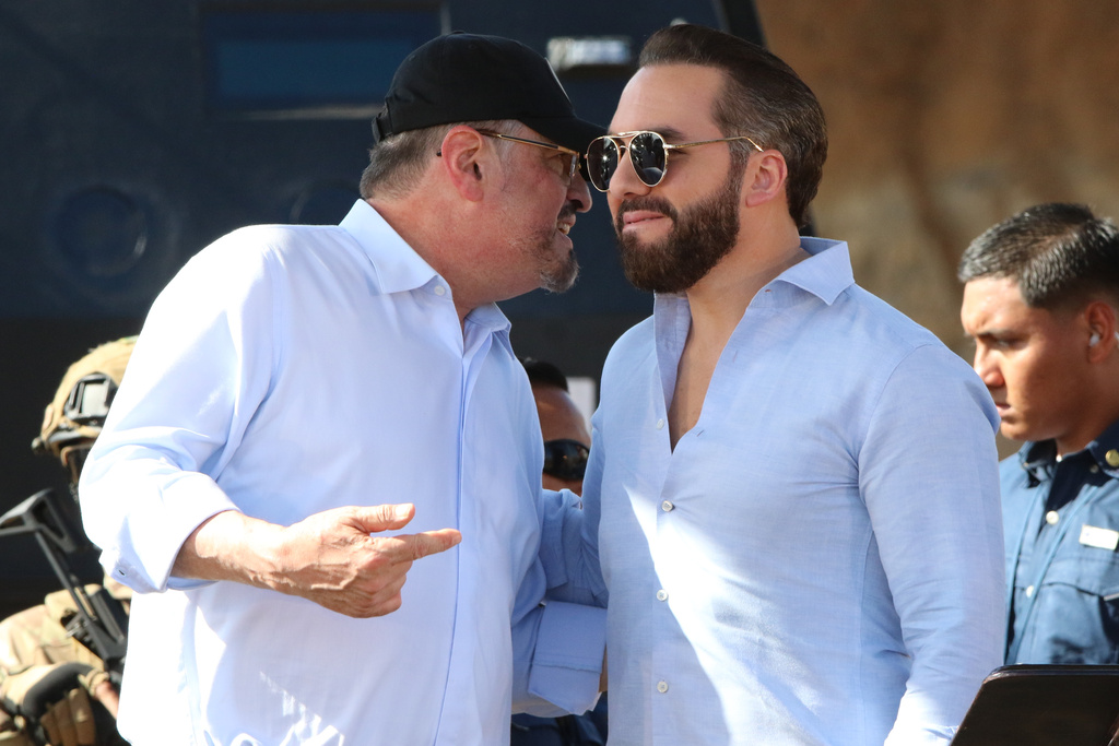 Costa Rica's President Rodrigo Chaves, left, and El Salvador's President Nayib Bukele attend a groundbreaking ceremony of a high security prison in Alajuela, Costa Rica, Wednesday, Jan. 14, 2026. (AP Photo/Carlos Leon)