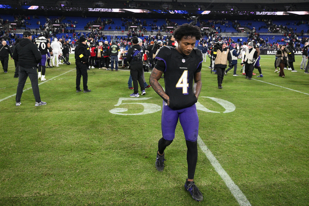 Baltimore Ravens wide receiver Zay Flowers (4) walks off the field after an NFL football game against the New England Patriots, Sunday, Dec. 21, 2025, in Baltimore. (AP Photo/Nick Wass)