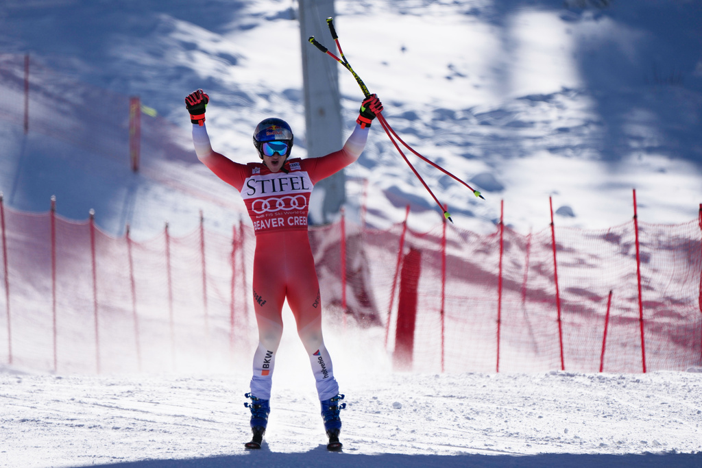 Switzerland's Marco Odermatt reacts after his run during a World Cup men's downhill skiing race, Thursday, Dec. 4, 2025, in Beaver Creek, Colo. (AP Photo/John Locher)
