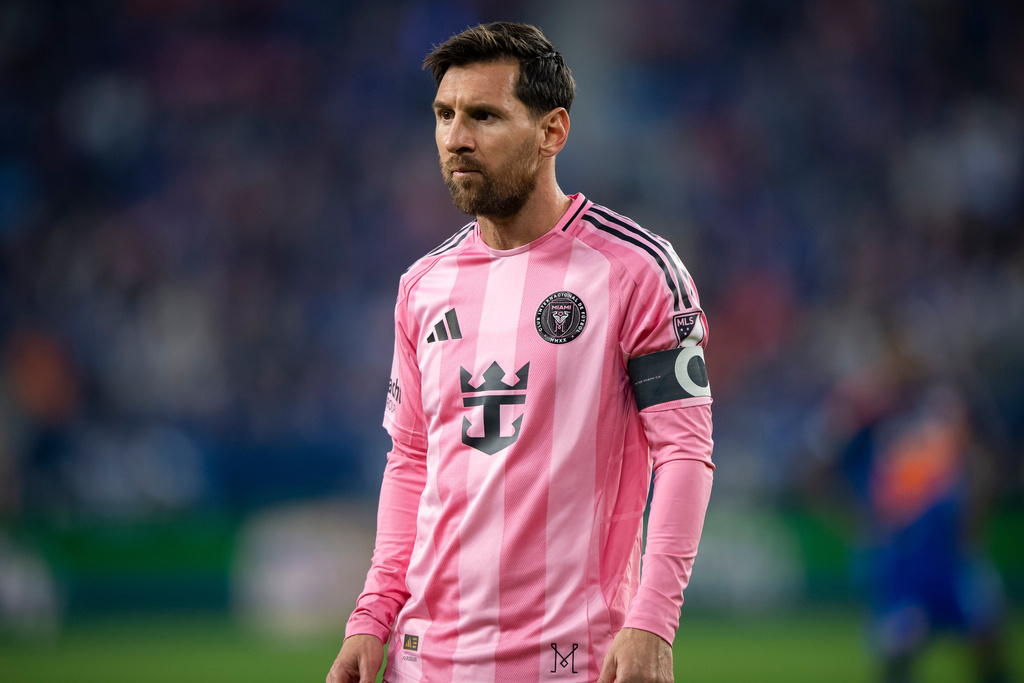 Inter Miami forward Lionel Messi looks on during the first half of MLS soccer's Eastern Conference semifinal against FC Cincinnati, Sunday, Nov. 23, 2025, in Cincinnati. (AP Photo/Tanner Pearson)