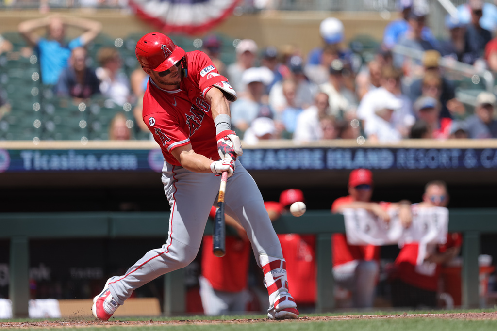 Los Angeles Angels' Mike Trout hits a double during the third inning of a baseball game against the Minnesota Twins, Saturday, July 11, 2026, in Minneapolis. (AP Photo/Bailey Hillesheim)