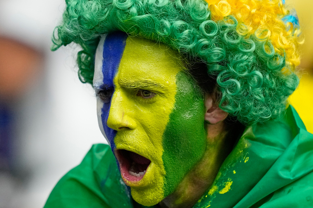 A Brazil fan reacts ahead of the World Cup Group C soccer match between Scotland and Brazil in Miami Gardens, Fla., Wednesday, June 24, 2026. (AP Photo/Rebecca Blackwell)