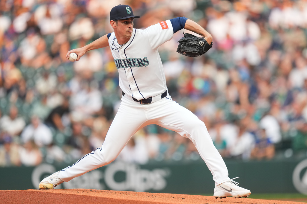 Seattle Mariners starting pitcher Emerson Hancock throws against the Detroit Tigers during the first inning of a baseball game, Tuesday, Aug 4, 2026, in Seattle. (AP Photo/Eric Hiller)