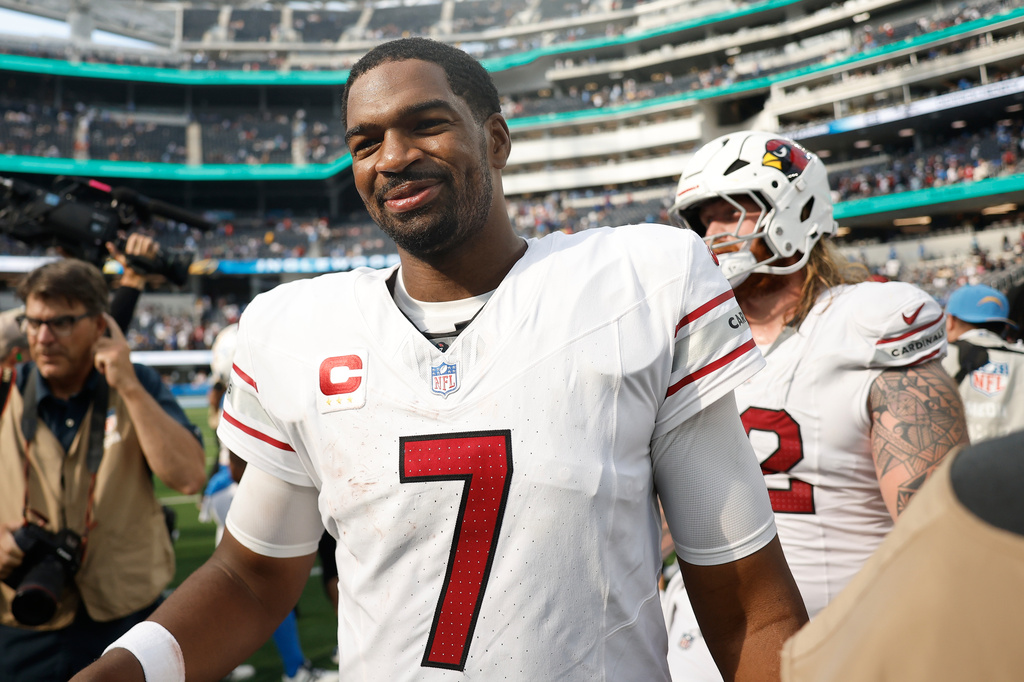 Arizona Cardinals quarterback Jacoby Brissett (7) smiles after an NFL football game against the Los Angeles Chargers, Sunday, Sept. 13, 2026, in Inglewood, Calif. (AP Photo/Caroline Brehman)