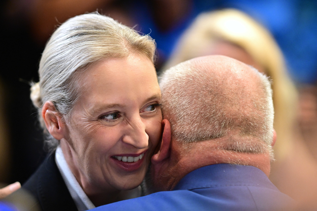 Alice Weidel (AfD), the party's federal chairwoman, reacts to the projections for the State Parliament election at the AfD election party in Berlin, Sunday, Sept. 20, 2026. (Fabian Sommer/dpa via AP)