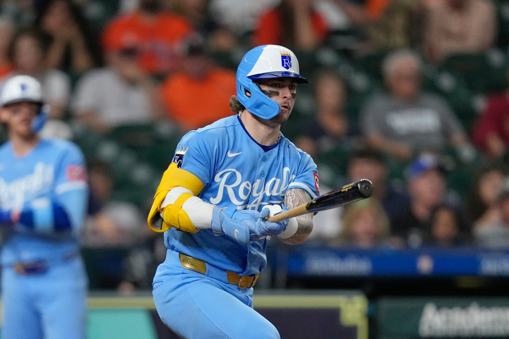 Kansas City Royals' Carter Jensen hits a two-run double against the Houston Astros during the eighth inning of a baseball game Wednesday, Sept. 16, 2026, in Houston. (AP Photo/David J. Phillip)
