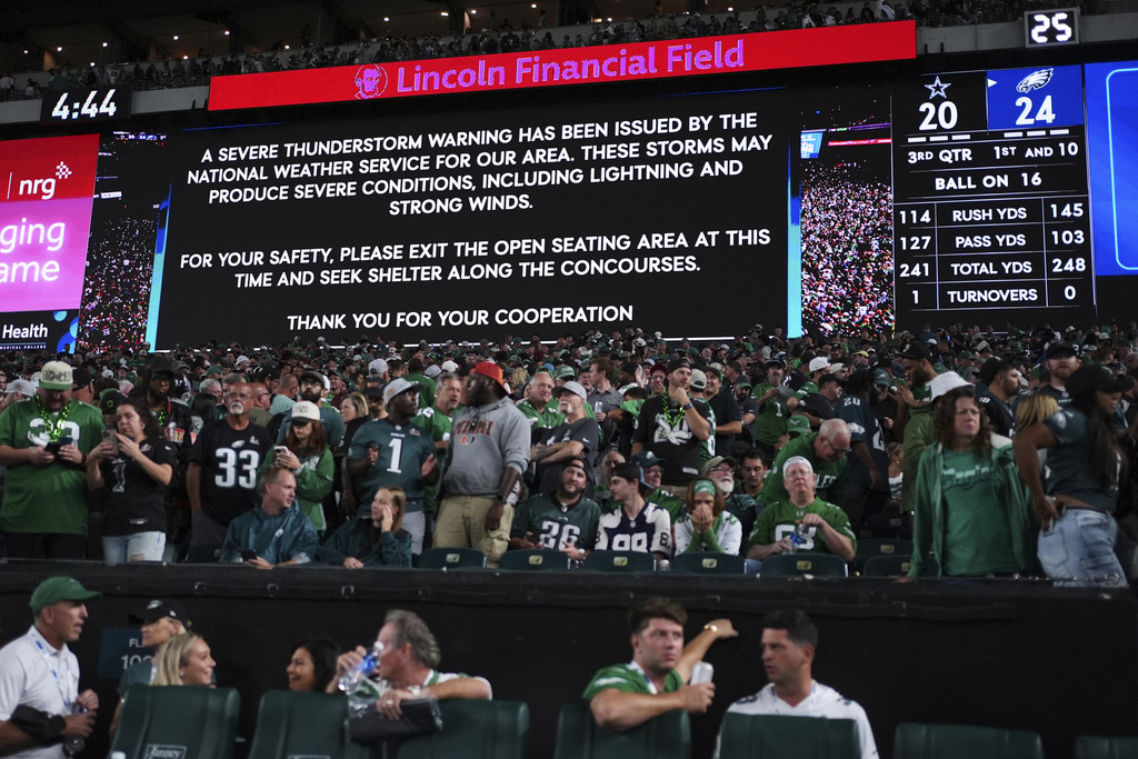 A severe thunderstorm warning is issued at Lincoln Financial Field as fans look on in the second half of an NFL football game between the Dallas Cowboys and Philadelphia Eagles Thursday, Sept. 4, 2025, in Philadelphia. (AP Photo/Matt Slocum)