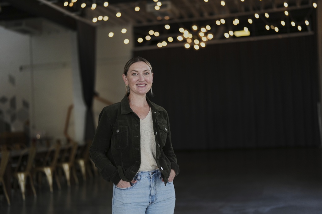 Christina Elsass, co-owner and venue manager of Mojave East, poses for a portrait Monday, Aug. 4, 2025, in Newtown, Ohio. (AP Photo/Joshua A. Bickel)