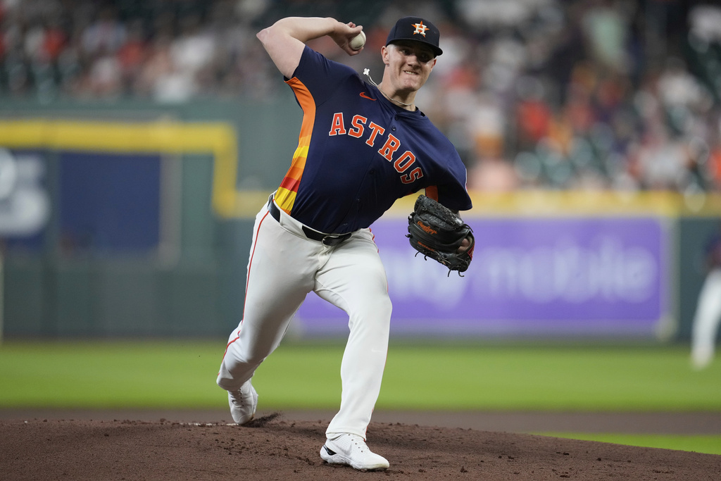 Houston Astros starting pitcher Hunter Brown throws during the first inning of a baseball game against the Los Angeles Angels in Houston, Sunday, Aug. 31, 2025. (AP Photo/Ashley Landis)