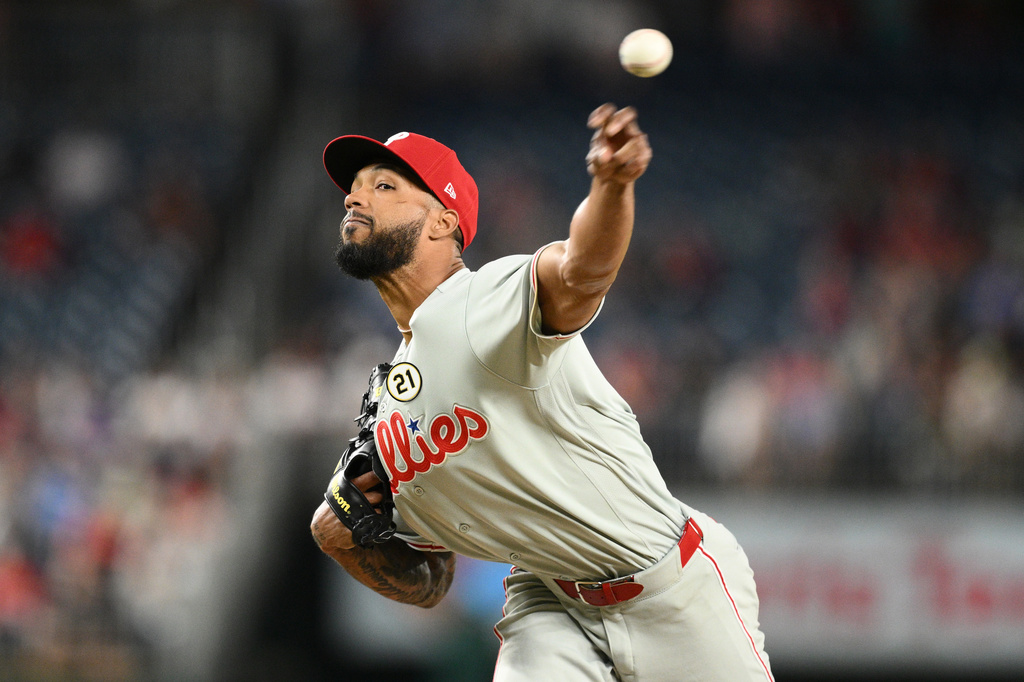 Philadelphia Phillies pitcher Cristopher Sanchez throws during the third inning of a baseball game against Washington Nationals, Tuesday, Sept. 15, 2026, in Washington. (AP Photo/Nick Wass)