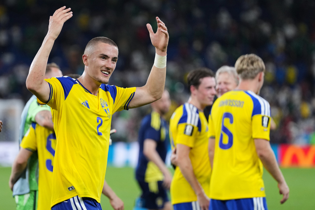 Sweden's Gustaf Lagerbielke (2) reacts following the World Cup Group F soccer match win over Tunisia in Guadalupe, near Monterrey, Mexico, Sunday, June 14, 2026. (AP Photo/Matias Delacroix)