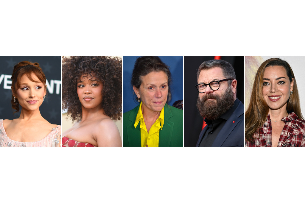 This combination of images shows, from left, Ariana Grande, H.E.R., Frances McDormand, Nick Offerman and Aubrey Plaza. (AP Photo)