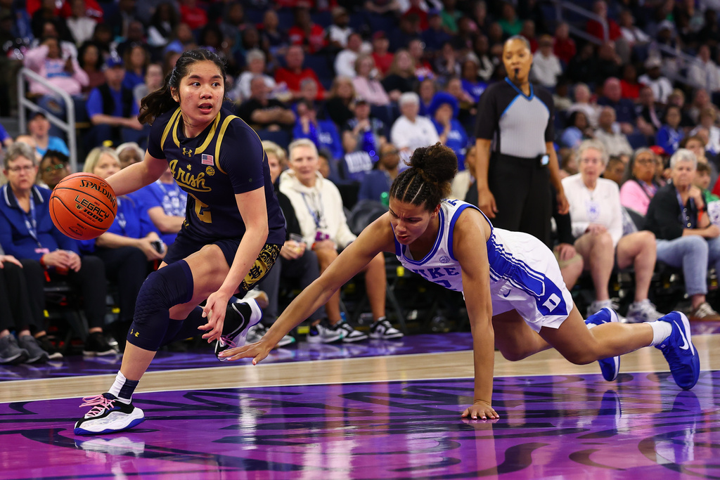 Notre Dame guard Vanessa de Jesus, left, dribbles against Duke forward Delaney Thomas, right, during the second half of an NCAA college basketball game in the semifinals of the Atlantic Coast Conference tournament, Saturday, March 7, 2026, in Duluth, Ga. (AP Photo/Colin Hubbard)