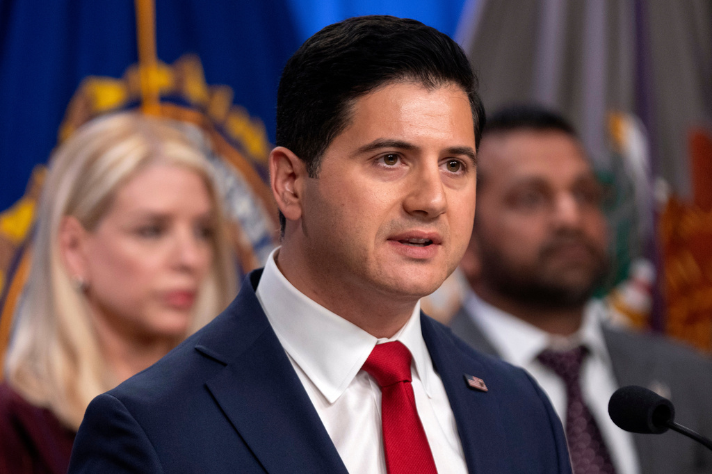 FILE - Bill Essayli, acting U.S. Attorney for the Central District of California, speaks with reporters during a news conference at the Department of Justice, Nov. 19, 2025, in Washington. (AP Photo/Mark Schiefelbein, file)