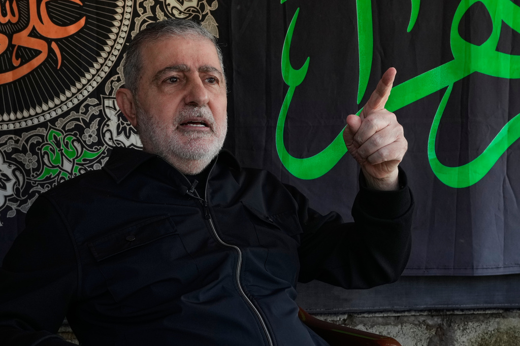 FILE - Wafiq Safa, senior Hezbollah political council member, gestures as he speaks during an interview with The Associated Press in Beirut, April 13, 2026. (AP Photo/Hussein Malla, File)