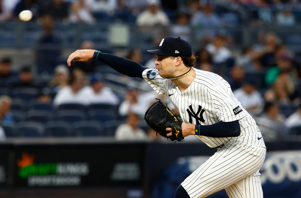 New York Yankees' Cam Schlittler delivers a pitch against the Colorado Rockies during the first inning of a baseball game, Tuesday, Sept. 8, 2026, in New York. (AP Photo/Noah K. Murray)