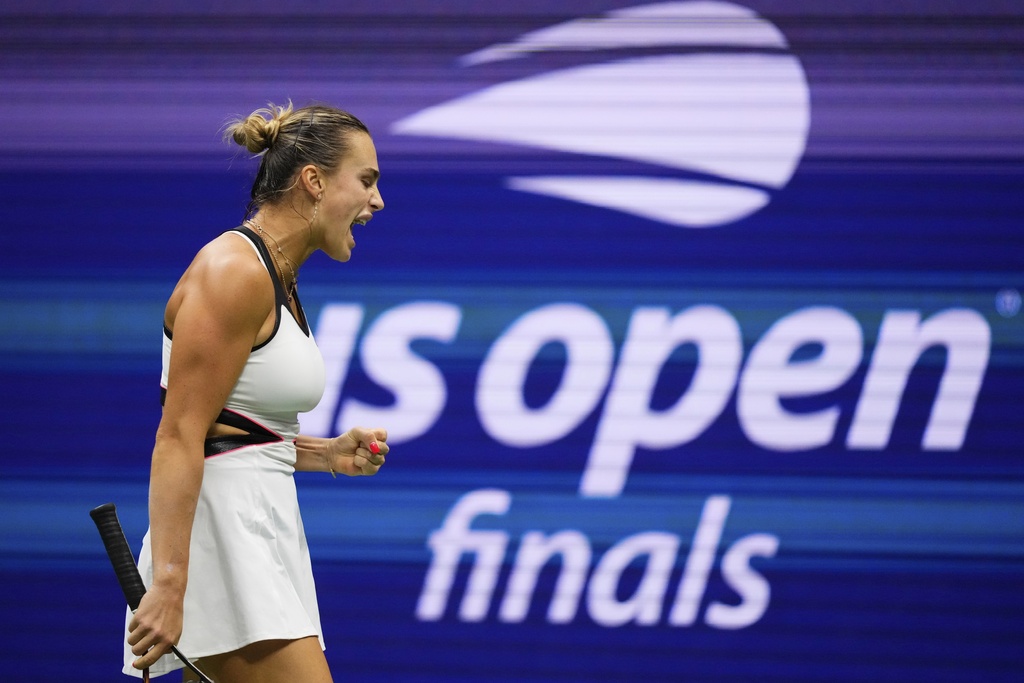Aryna Sabalenka, of Belarus, reacts after a point against Amanda Anisimova, of the United States, during the women's finals of the U.S. Open tennis championships, Saturday, Sept. 6, 2025, in New York. (AP Photo/Yuki Iwamura)