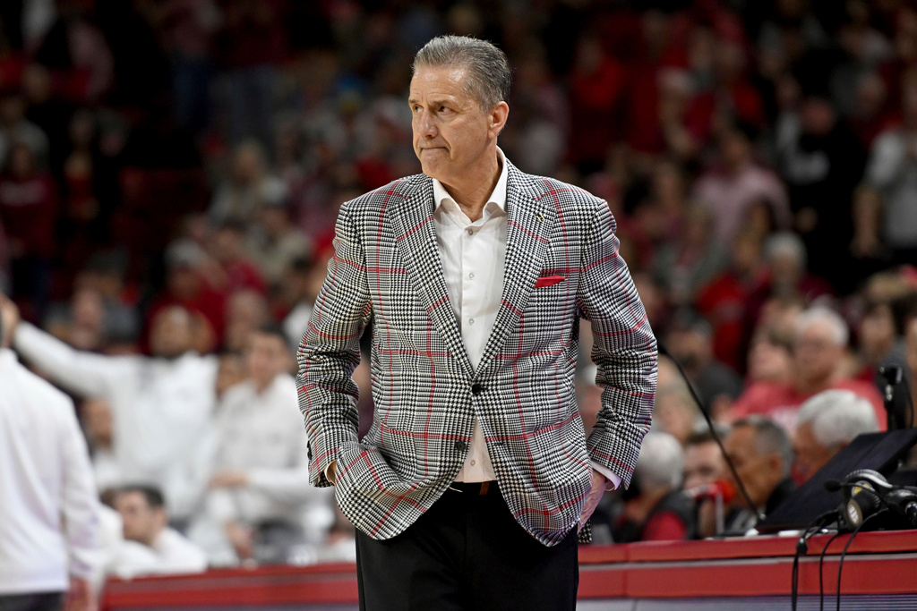 FILE - Arkansas coach John Calipari stands on the sidelines against Mississippi State during an NCAA college basketball game, March 8, 2025, in Fayetteville, Ark. (AP Photo/Michael Woods, File)